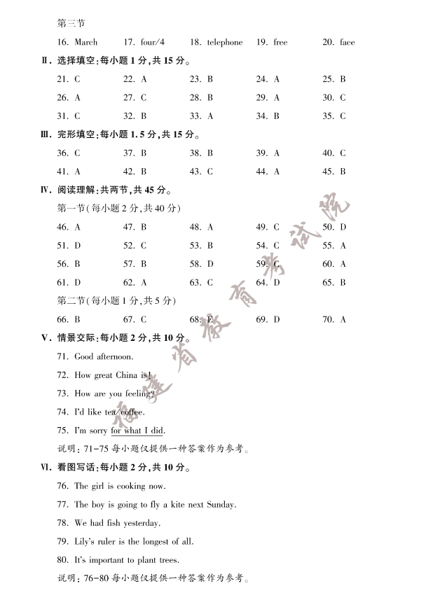 2023年福建省中考英語真題答案
