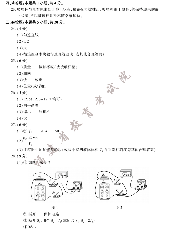 2023年福建省中考物理真題答案