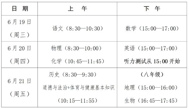 2024年中考省級(jí)統(tǒng)一考試安排在6月19日—21日舉行