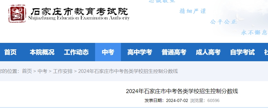 2024年石家莊市中考各校招生錄取分?jǐn)?shù)線