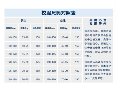 校服尺碼對(duì)照表