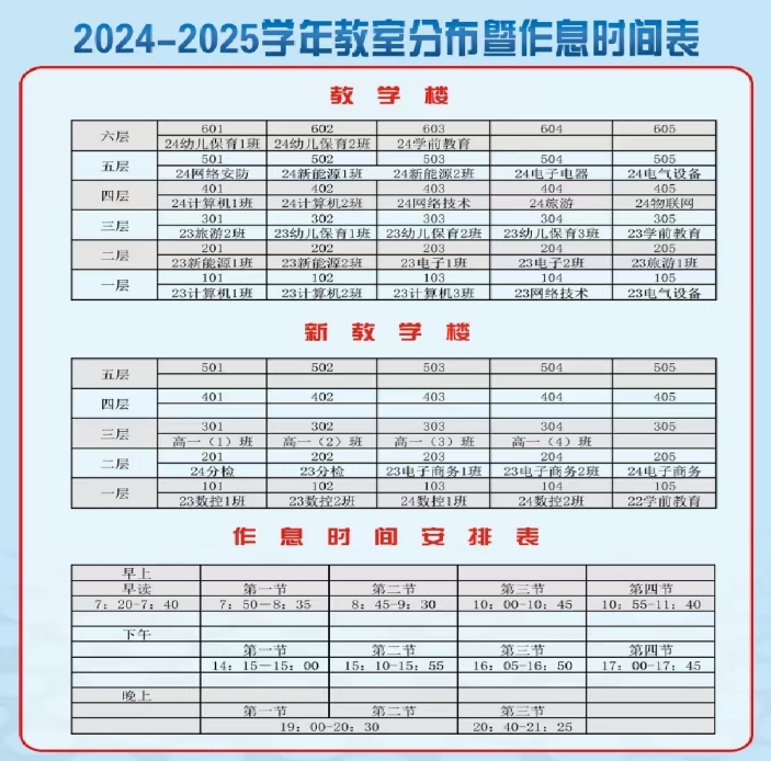 福建省霞浦職業(yè)中專學(xué)校2024級教室分布及作息表