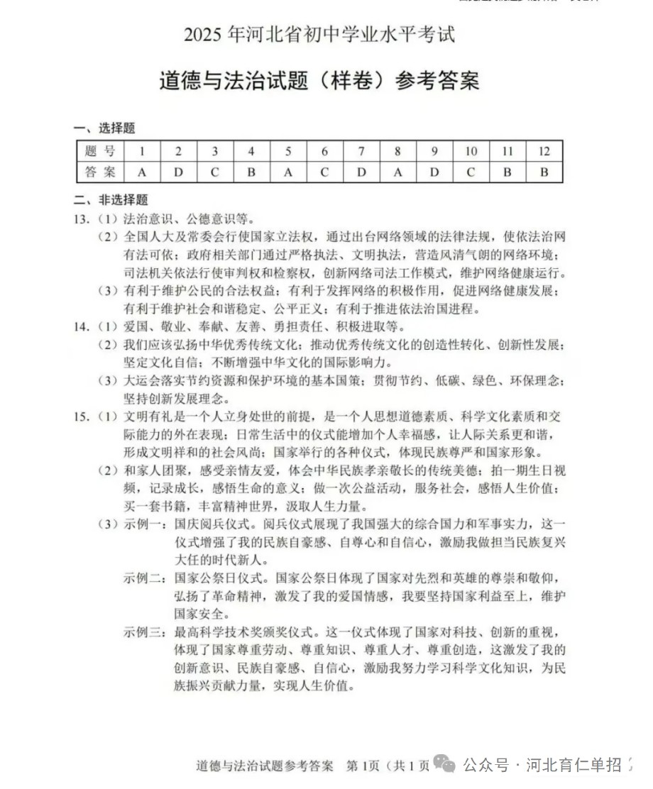 公布！2025年河北中考道德與法治試卷（樣卷）及參考答案！