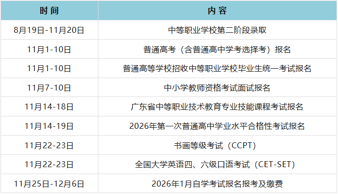 2025年廣東11月考試日歷