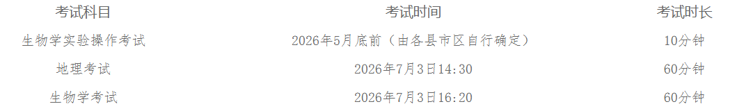 2026年揭陽八年級地理和生物初中學考考試時間安排